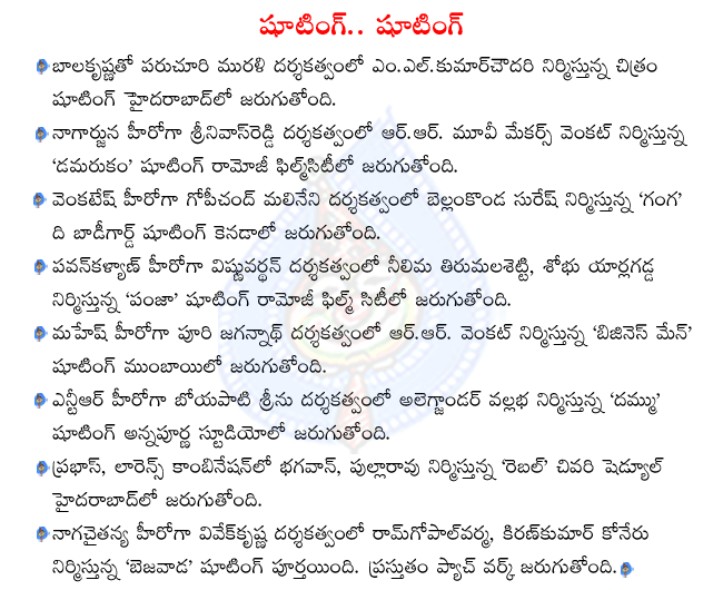 balakrishna in adhinayakudu shooting,nagarjuna in damarukam shooting,pavan kalyan in panjaa shooting,venkatesh in ganga shooting,mahesh in business man shooting,nagachaitanya in bejawada shooting,prabhas in rebel shooting,ntr in dammu shooting  balakrishna in adhinayakudu shooting, nagarjuna in damarukam shooting, pavan kalyan in panjaa shooting, venkatesh in ganga shooting, mahesh in business man shooting, nagachaitanya in bejawada shooting, prabhas in rebel shooting, ntr in dammu shooting